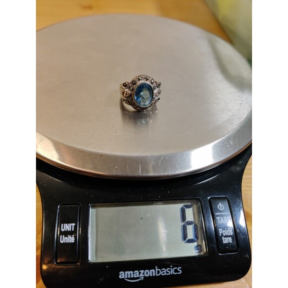 Vtg 925 STERLING SILVER BLUE TOPAZ MARCASITE STATEMENT RING Sz 6, 6g - Picture 9 of 9
